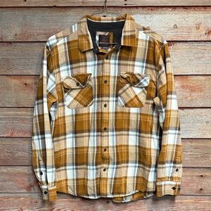 Men’s Prana Woodman Flannel Plaid Button-Up Shirt Long Sleeve Tan Brown